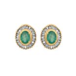 A Pair of Emerald and Diamond Cluster Earringsthe oval cut emerald within a border of tapered