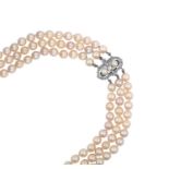 A Triple Row Cultured Pearl Choker, with A Cultured Pearl and Diamond Cluster Claspthe 54:56:60