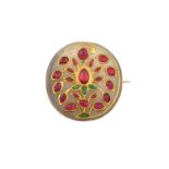 An Indian Multi-Gem Set Broochthe round hardstone plaque overlaid with pear shaped cabochon rubies