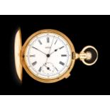 Waltham: An 18 Carat Gold Full Hunter Chronograph Pocket Watch, signed Waltham, 1885, manual wound