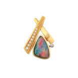 An Opal and Diamond Pendantthe rounded triangular opal plaque in a yellow rubbed over setting,
