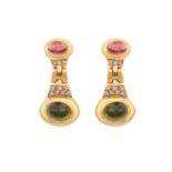 A Pair of Tourmaline and Diamond Drop Earringsthe oval cabochon pink tourmaline brick linked to a