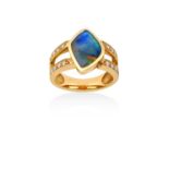 A Composite Opal and Diamond Ringthe irregular shaped composite opal in a yellow rubbed over