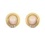 A Pair of 18 Carat Gold Mabe Pearl Earrings the mabe pearls in yellow plain polished ribbon motif