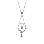 An Edwardian Amethyst, Diamond and Seed Pearl Necklacethe circular frame of ribbon design set