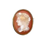 A Cameo Broochthe shell cameo depicting Bacchus within a yellow rope twist frame with black enamel