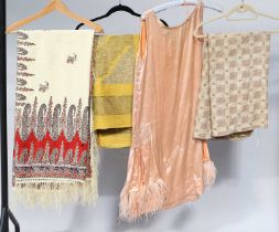 Assorted Early 20th Century Costume and Textiles, comprising a peach satin sleeveless drop waist '