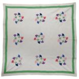 Circa 1935 American Morning Glory Flowers Pattern Quilt, appliquéd and embroidered with pink, green,