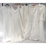 Circa 1950s and Later Wedding Dresses, comprising a lace mounted long sleeved dress with multi