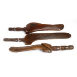 Three 19th Century Treen Gull Wing Knitting Sticks, comprising a mahogany example of slender