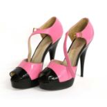 A Pair of Karl Lagerfeld for Chanel Pink and Black Patent Heeled Shoes, with peep toes, ankle strap,