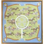 Hermes Silk Scarf, depicting race horses and jockeys within a border of leather reins and snaffle