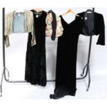 Early 20th Century Ladies Evening Costume, comprising a black velvet sleeveless drop waist dress