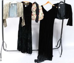Early 20th Century Ladies Evening Costume, comprising a black velvet sleeveless drop waist dress