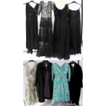 Assorted Circa 1920-50s Evening Costume, comprising a black wool coat, with laced collar detail