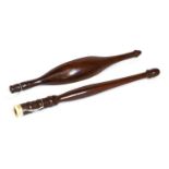 19th Century Mahogany Knitting Stick with turned decoration, acorn knop and bone mount, 18.5cm,