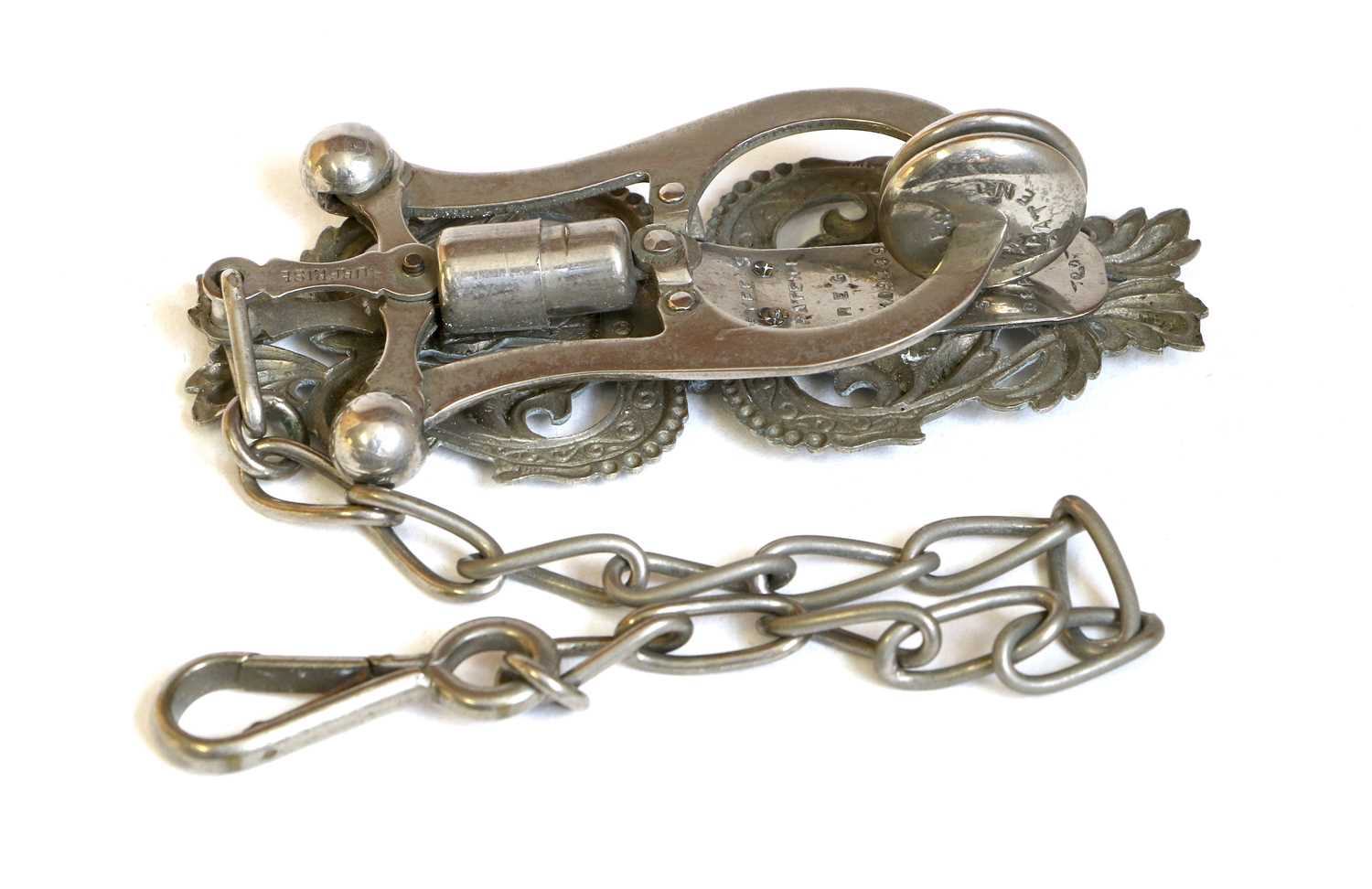 An Unusual Decorative Pierced Plated Skirt Lifter, Fyfe's Patent comprising two hinged decorative - Image 2 of 7