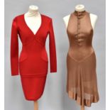 Circa 1998 Herve Leger Red 'Bandage' Dress with stylised v-neckline, long sleeves, panelled