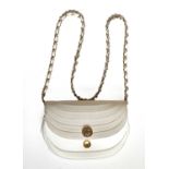 Circa 1980s Chanel White Leather Handbag, white leather and chain shoulder strap, blue grosgrain