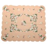Circa 1935 Canadian Blossoms Pattern Quilt, appliquéd and embroidered with cotton blossoms on a pink