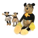 Circa 1930s Large Mickey Mouse Velveteen Figure, wearing shorts and boots, yellow felt hands, boot