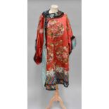 Early 20th Century Chinese Red Silk Robe, embroidered with large floral roundals to the front and