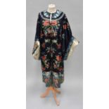 Early 20th Century Chinese Navy Blue Silk Robe, embroidered with vases of flowers, floral roundels