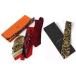 Hermés Silk Red Striped Tie, monogrammed decoration, boxed with ribbon,two Gianni Versace