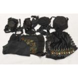 Late 19th/Early 20th Century Costume Accessories, comprising two black silk aprons with coloured