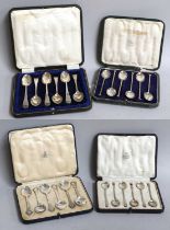 Four Cased Sets of Six Silver Teaspoons or Coffee-Spoons, one set Old English pattern, engraved with