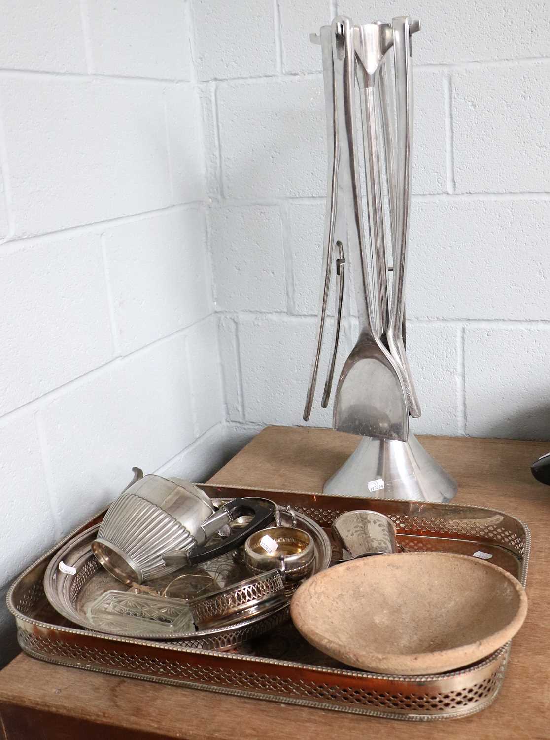 A Quantity of Silver and Silver Plated Items, a modern fireside companion set, and earthernware bowl