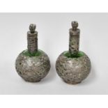 A Pair of Chinese Silver-Mounted Green Glass Scent-Bottles, Retailers Mark TCC, Further Stamped with