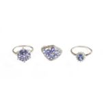 A 9 Carat White Gold Tanzanite and Diamond Cluster Ring, finger size N1/2; Two 9 Carat Gold