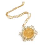 A Sovereign Pendant on Chain, dated 1876 in a 9 carat gold mount, pendant length 4.5cm, chain length