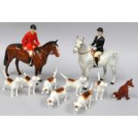 Beswick Huntswoman, grey gloss, Huntsman brown gloss, various hounds, a fox, Black Beauty and