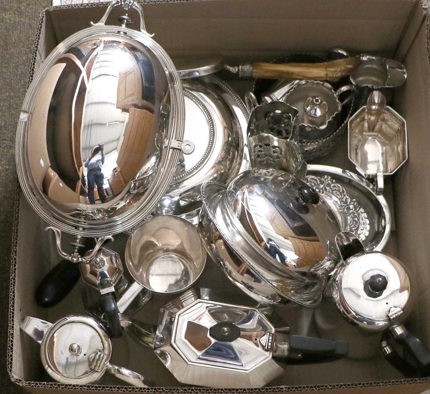 Three Boxes of Decorative Household items including silver plated wares, treen lamp bases, pewter - Image 2 of 4