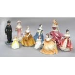 Royal Doulton Figures including Charlie Chaplin, together with three Coalport ladies and a further