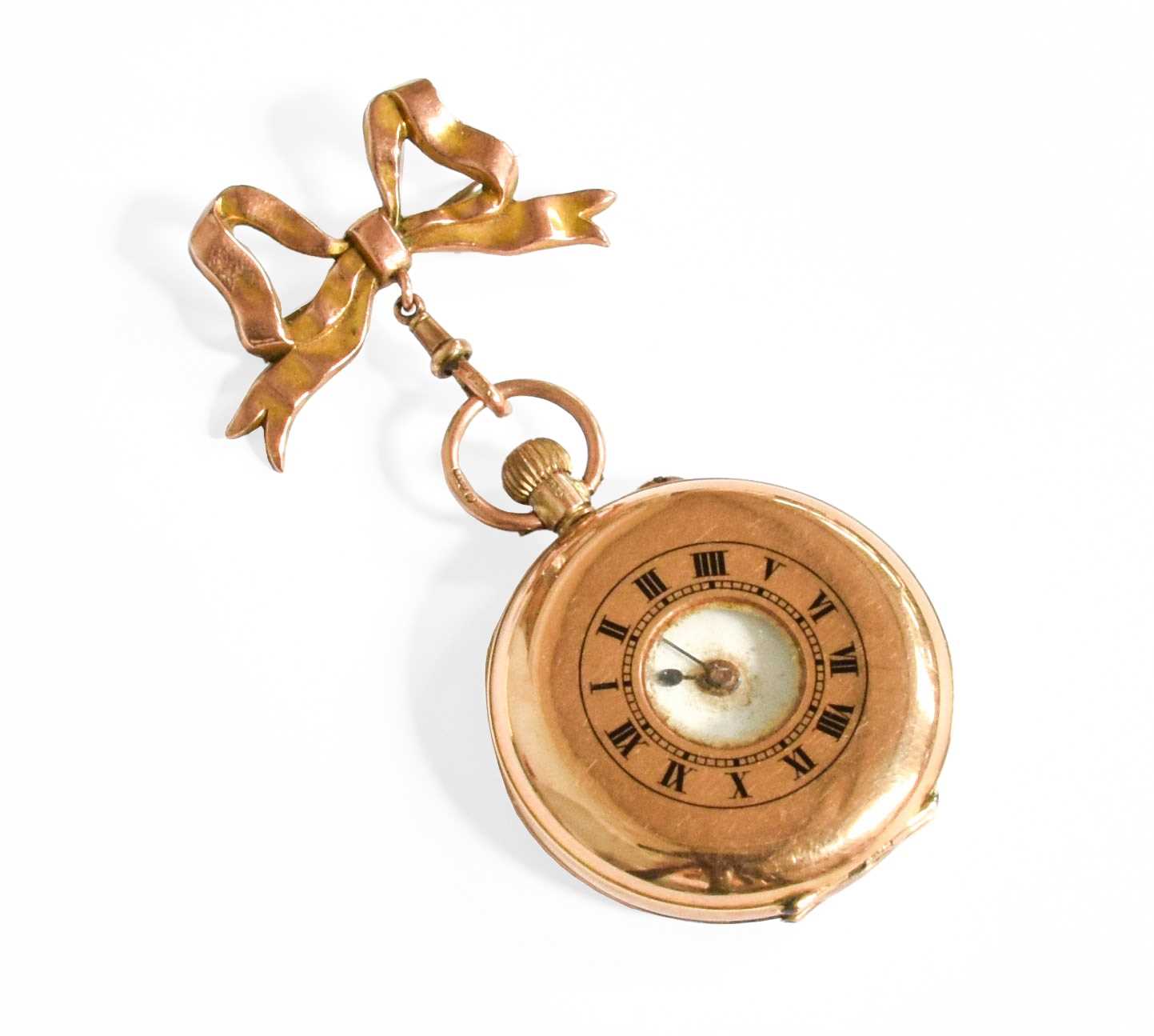 A Lady's 9 Carat Gold Half Hunter Fob Watch, together with a 9 Carat Gold Bow Brooch