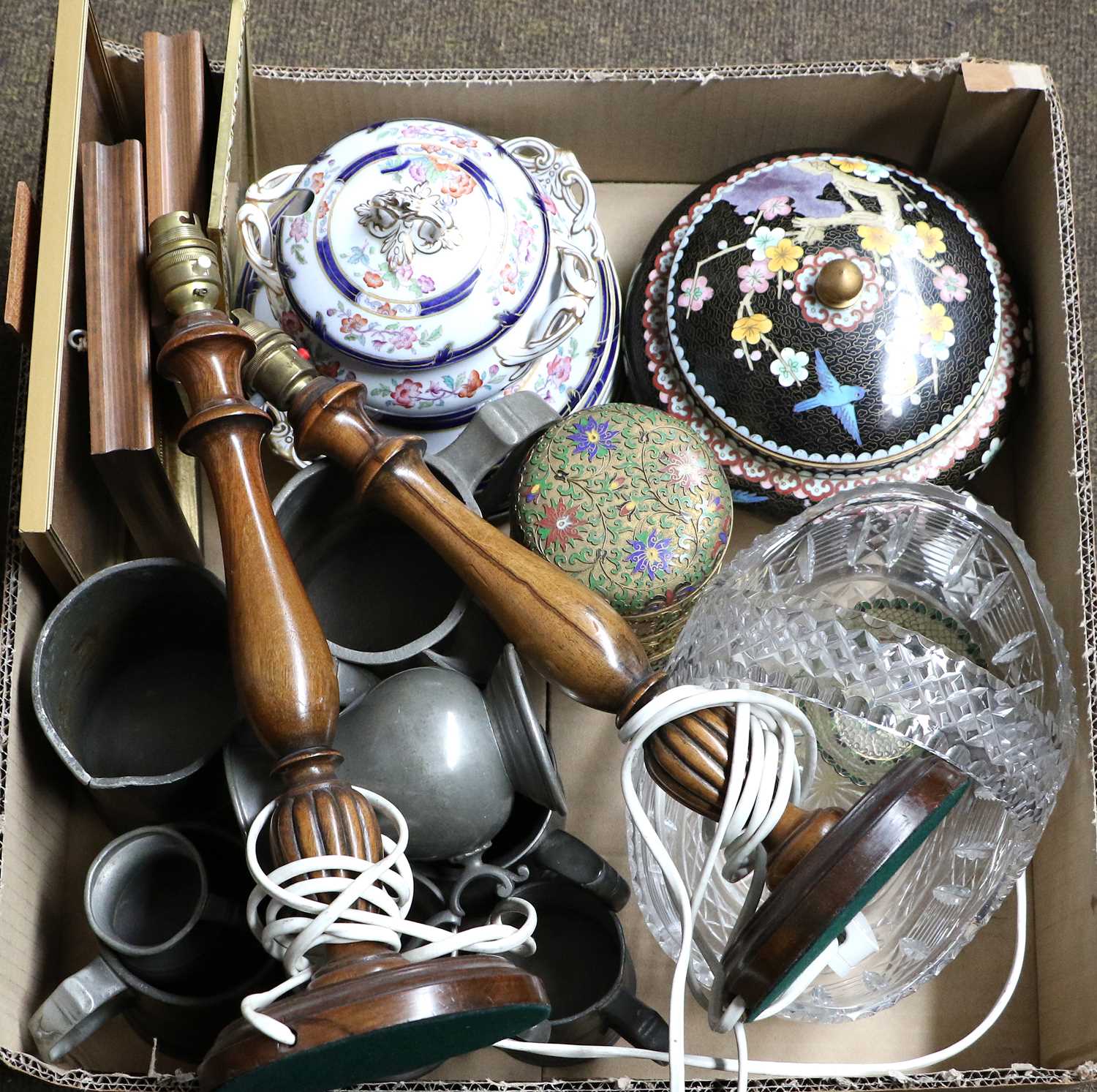 Three Boxes of Decorative Household items including silver plated wares, treen lamp bases, pewter - Image 3 of 4