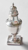 A George III Silver Sugar Caster by Walter Brind, London 1801, vase shaped and on square foot, the