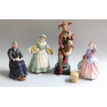 Royal Doulton Figures, Jester HN1702, Cup Of Tea HN2322, Daffy-Down-Dilly HN1712 and Blithe