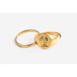 A 22 Carat Gold Band Ring, band cut; and An 18 Carat Gold Signet Ring, band cutBand - 2.0 grams.
