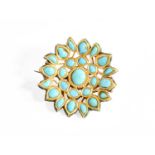 A Jaipur Enamel and Turquoise Brooch, the floral motif set throughout with vari-shaped cabochon