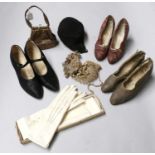 Assorted Early 20th Century Costume Accessories, comprising a pair of N Grecot Paris shoes with silk