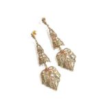 A Pair of 9 Carat Gold Emerald Drop Earrings, drop length 7.1cm, with post fittings (a.f.)Gross