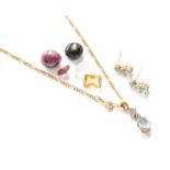 A 9 Carat Gold Blue Topaz Pendant on Chain (a.f.); A Pair of Matching Drop Earrings; and Five