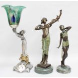 Two Reproduction Art Deco style patinated figures of a dancing girl and an Egyptian nude, one signed