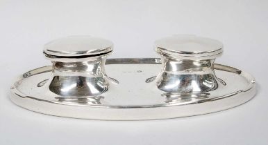 A George V Silver Two-Bottle Inkstand, Maker's Mark TWL and Co., Birmingham, 1932, oval and with two