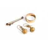 A 9 Carat Gold Band Ring, finger size R; A Pair of Turquoise Drop Earrings, with hook fittings,