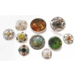 Nine Silver/White Metal Brooches and a Ring, including various hardstone examples, a Ruskin